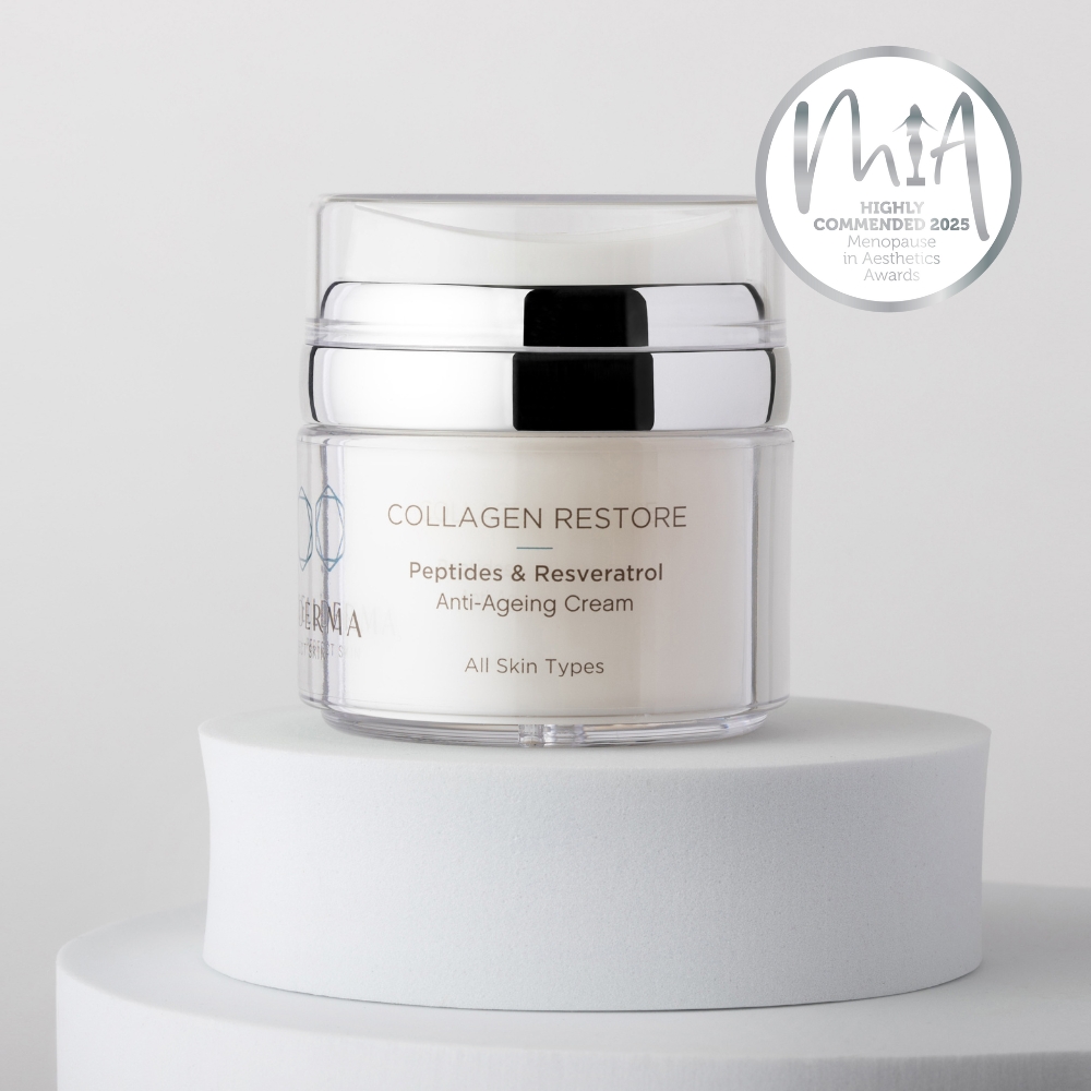 Collagen Restore on plinth with menopause in aesthetics award logo