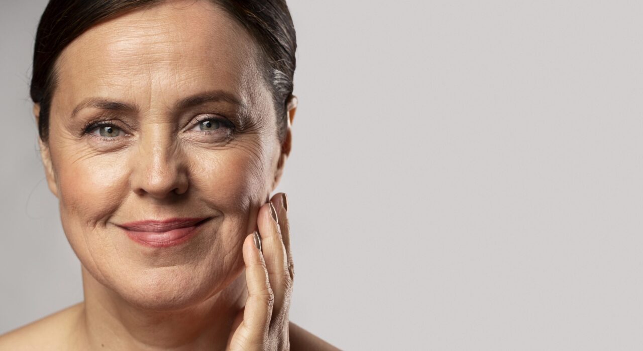 CellDerma Mature Woman Holding Face Smiling Content Image