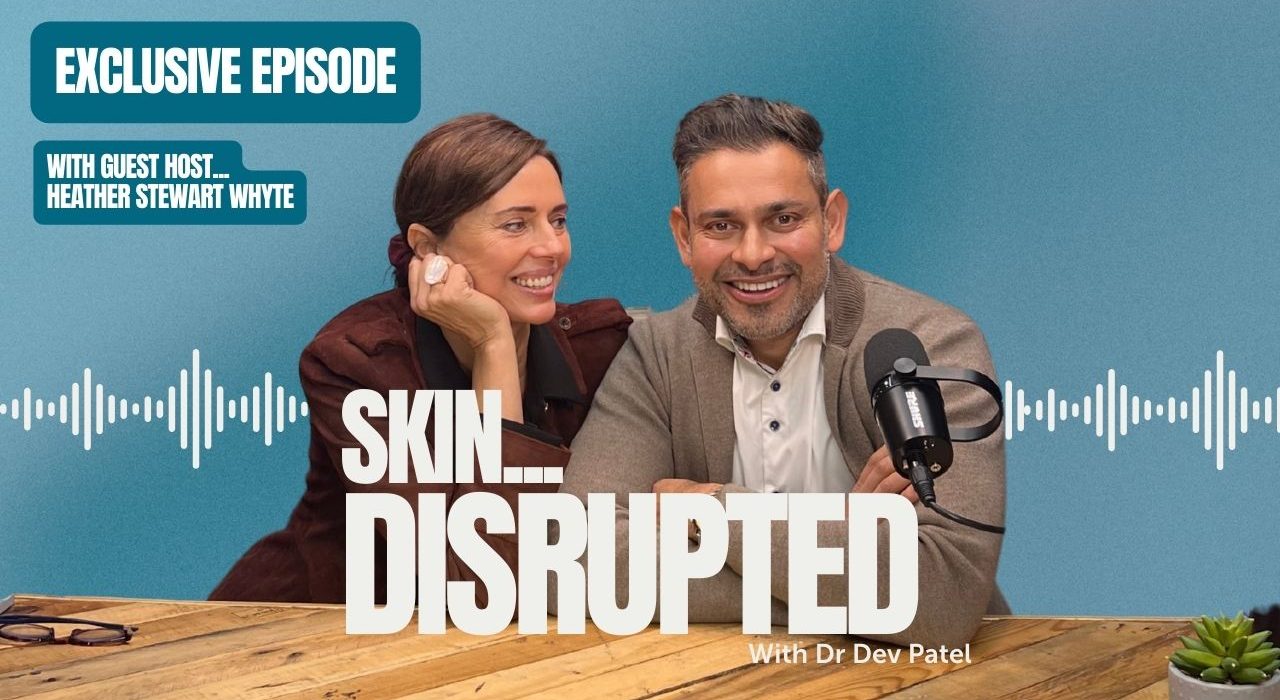podcast thumbnail of Heather Stewart Whyte and Dr. Dev Patel for the Skin...Disrupted podcast episode 'the supermodel and the skincare rebel'.