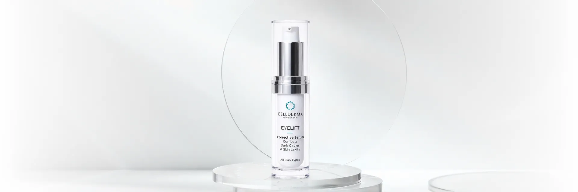 Hero product image of CellDerma Eyelift Corrective Serum displayed on a minimal white podium.