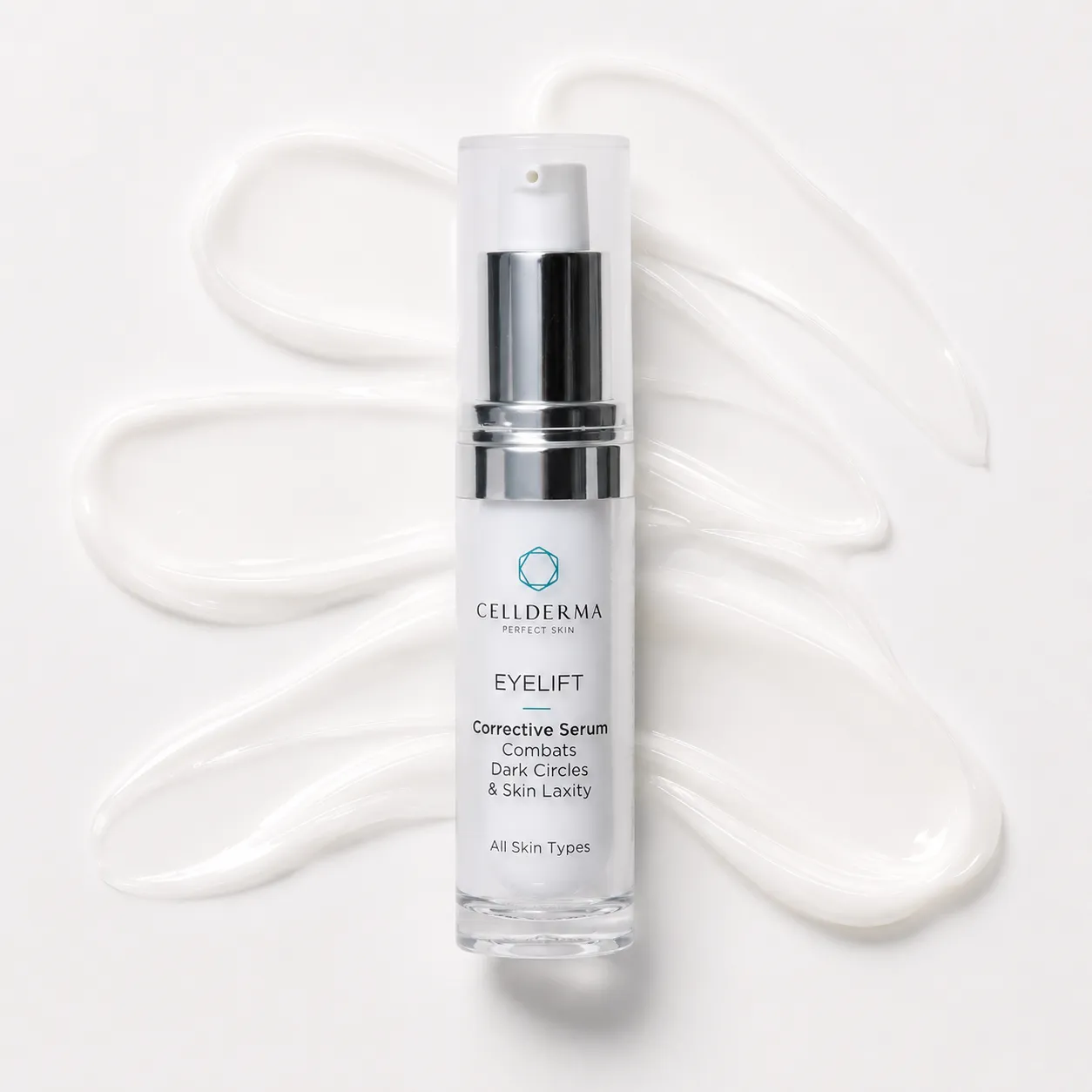 CellDerma Eyelift Corrective Serum placed on a smooth white skincare texture background.