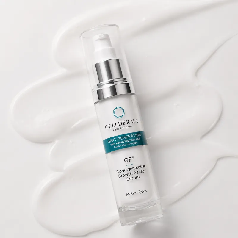 CellDerma GF5 serum bottle placed on a smooth white skincare texture background.