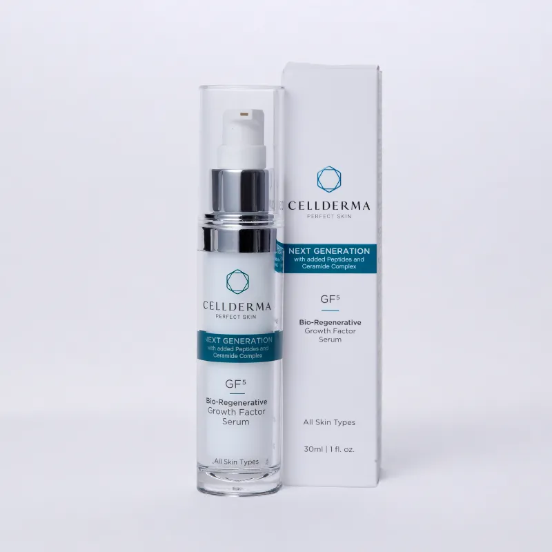 CellDerma GF5 Bio-Regenerative Growth Factor Serum with branded product packaging on a clean white background.