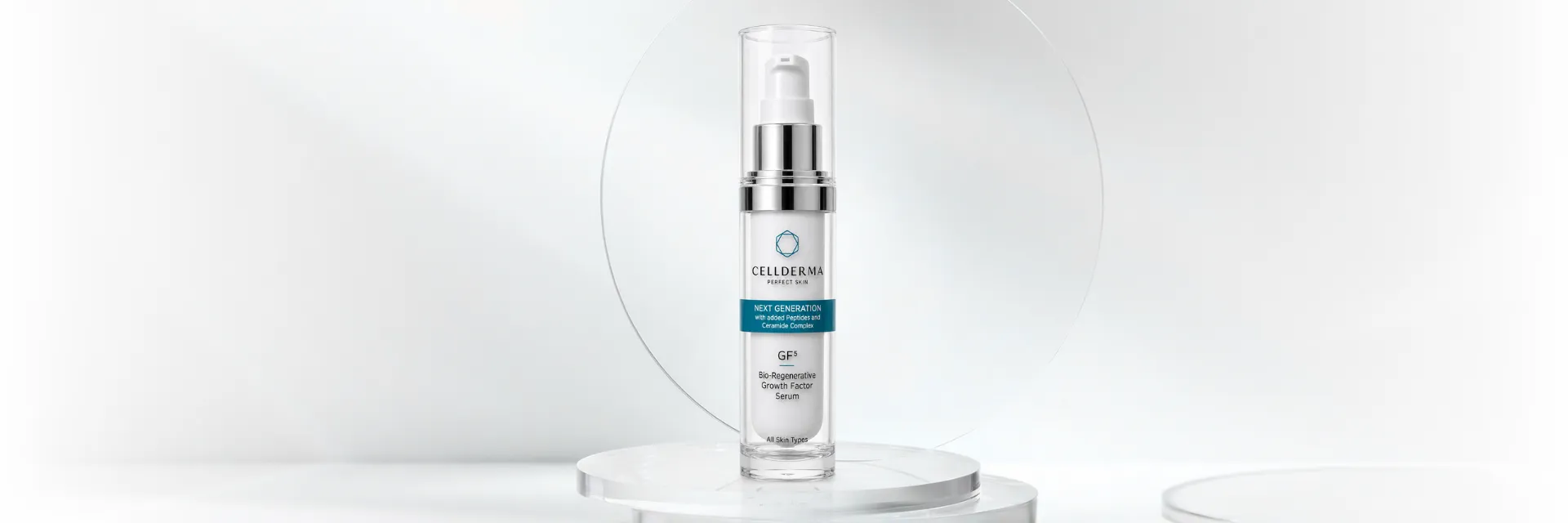 Hero product image of CellDerma GF5 Bio-Regenerative Growth Factor Serum in a minimal clinical setting.