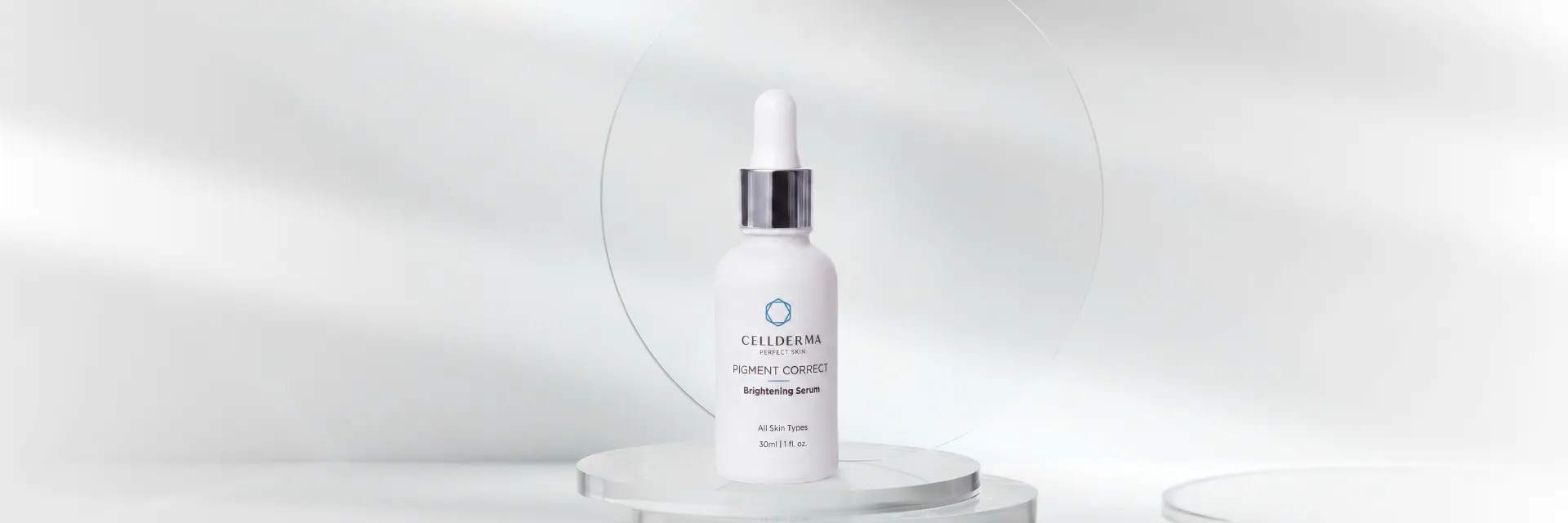 Hero product image of CellDerma Pigment Correct Brightening Serum in a minimal clinical environment.