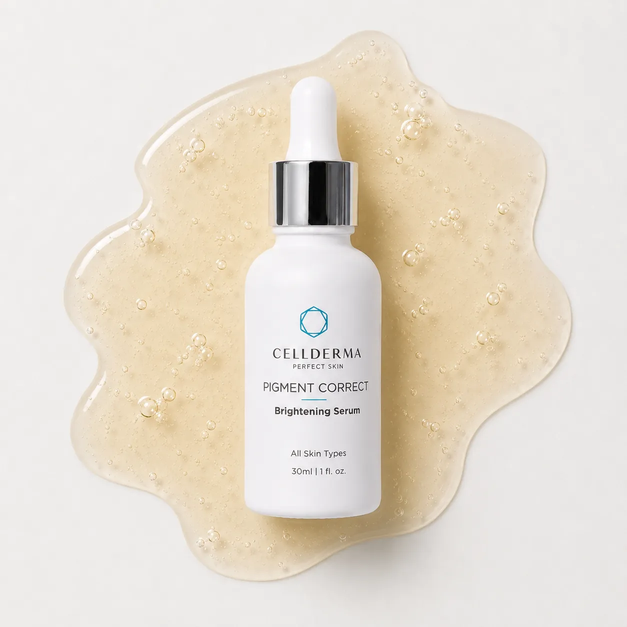 CellDerma Pigment Correct Brightening Serum bottle placed on a golden serum texture background.