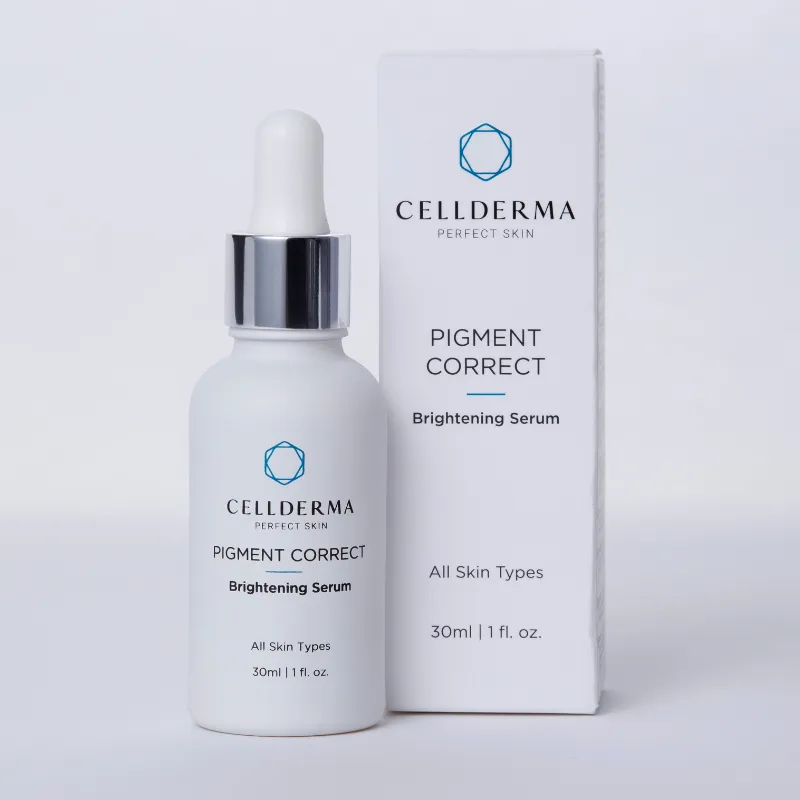 CellDerma Pigment Correct Brightening Serum with branded packaging on a clean white background.