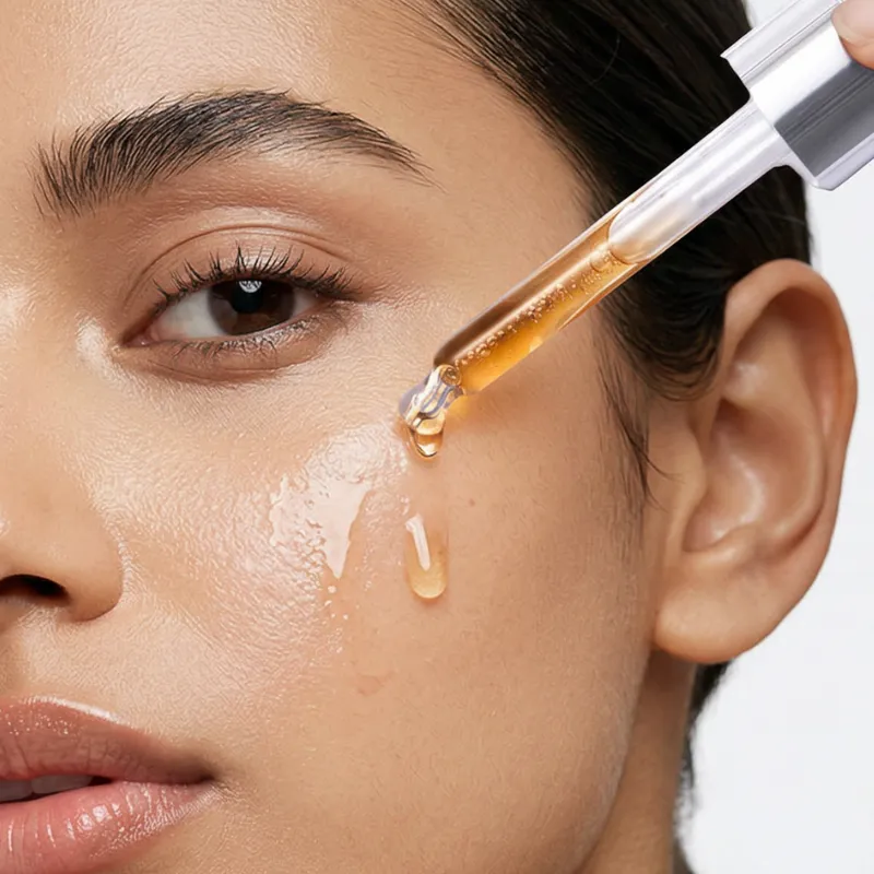 Close-up of brightening serum being applied to glowing skin using a dropper.