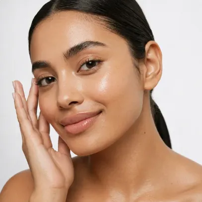 Model with radiant glowing skin after using CellDerma Pigment Correct Brightening Serum.