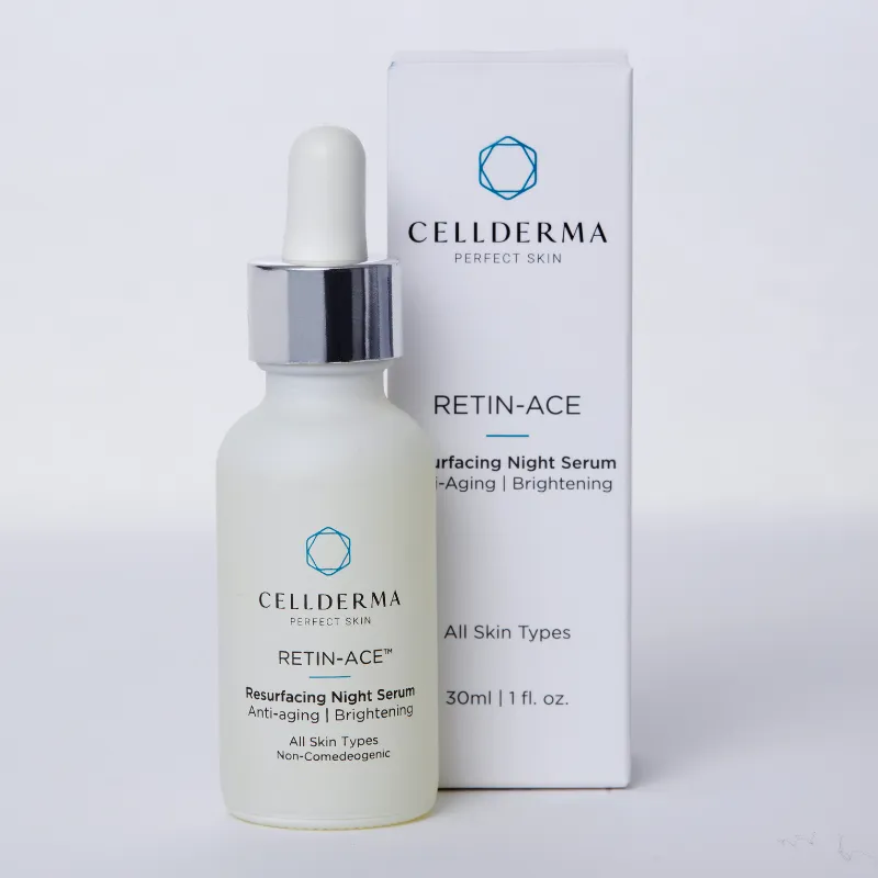 CellDerma Retin-Ace Resurfacing Night Serum with branded product packaging on a clean white background.
