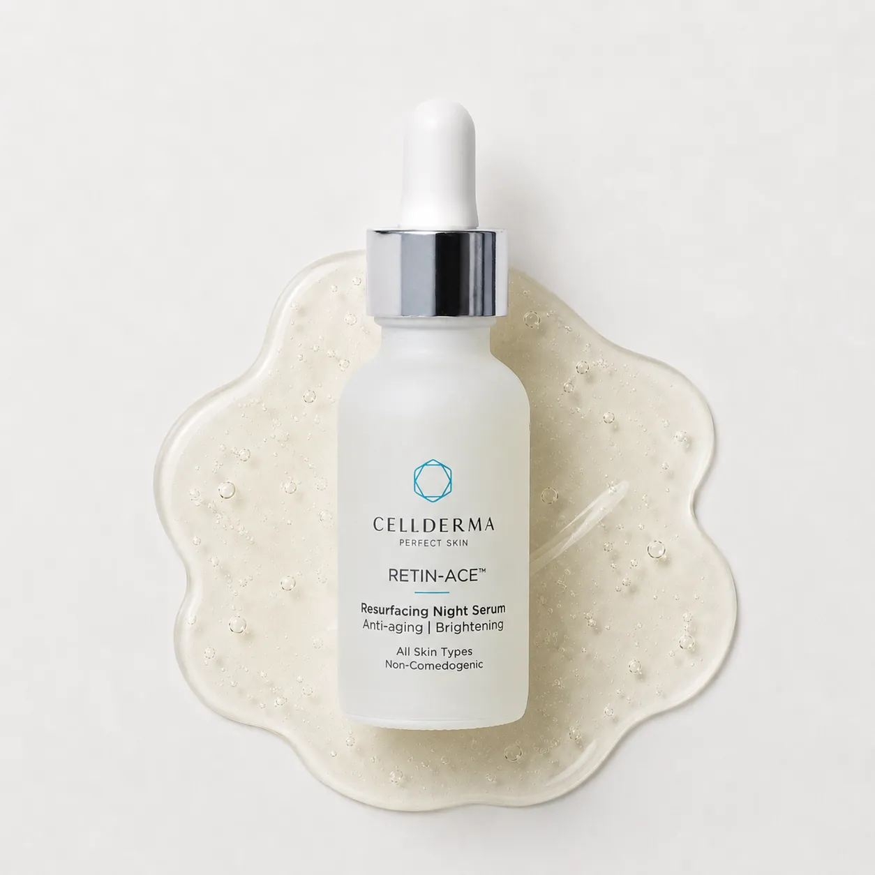 CellDerma Retin-Ace Resurfacing Night Serum displayed on serum texture against a clean white background.