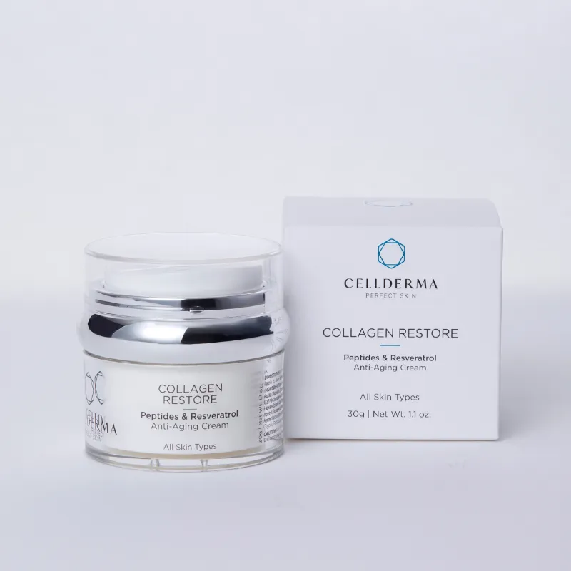 CellDerma Collagen Restore Cream with branded product packaging on a clean white background.
