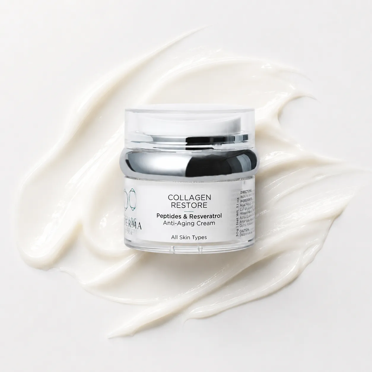 Close-up texture of CellDerma Collagen Restore Cream showing a rich and hydrating formula.