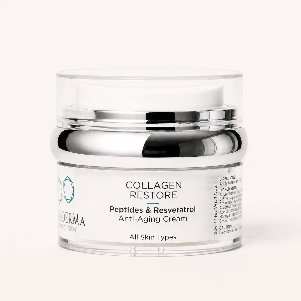 CellDerma Collagen Restore Peptides and Resveratrol Anti-Aging Cream jar displayed alone on a clean plain background.