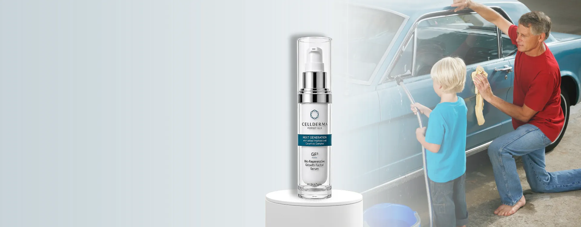 CellDerma GF5 serum men's skincare gift banner with father and child lifestyle image