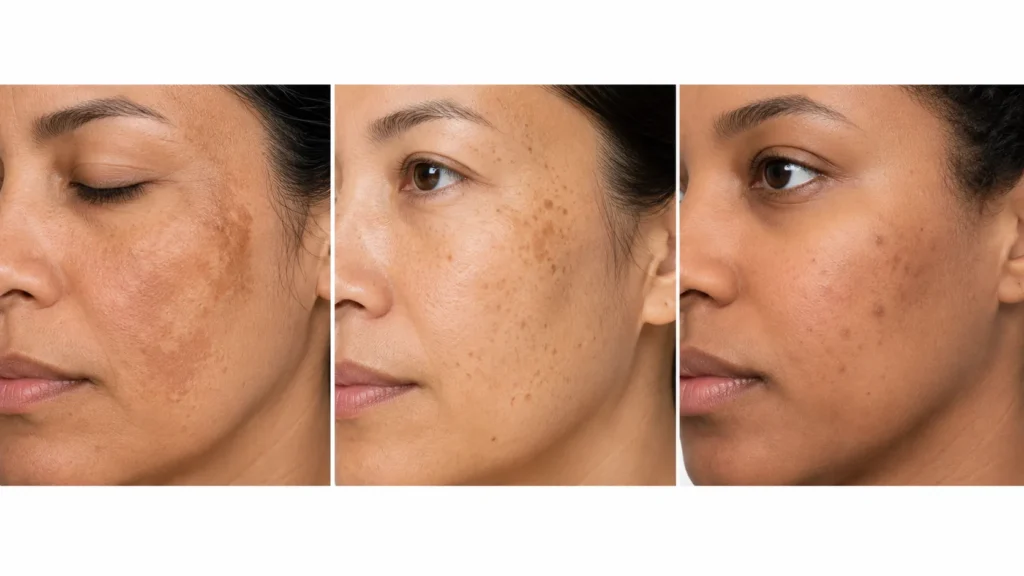 Melasma vs sunspots guide showing a model applying Pigment Correct serum