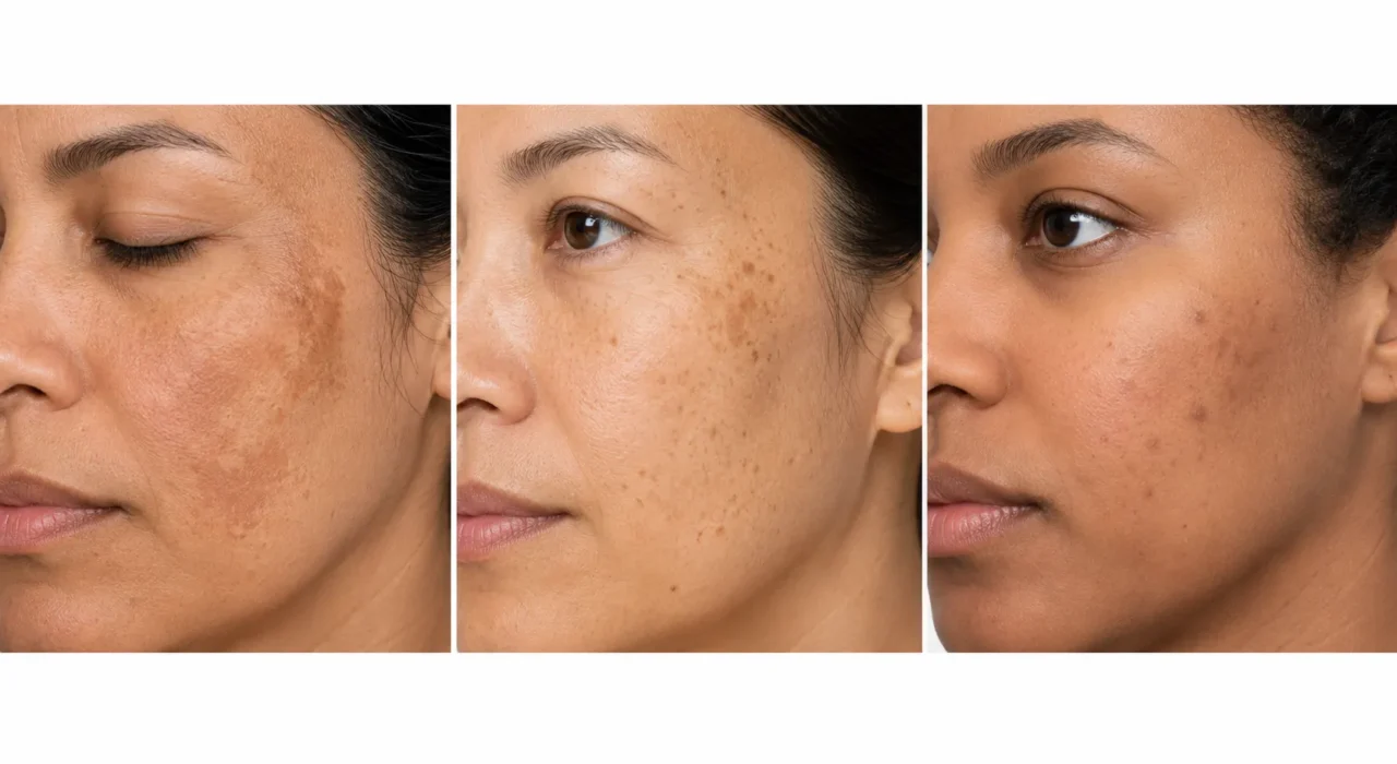 Melasma vs sunspots guide showing a model applying Pigment Correct serum