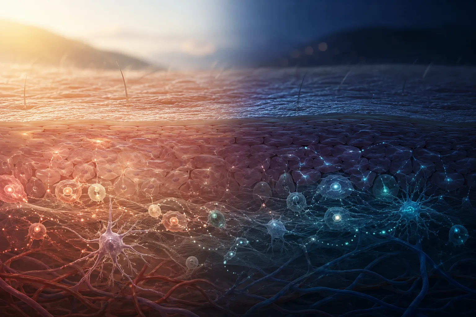 Editorial illustration of circadian activity in skin transitioning from daylight to night