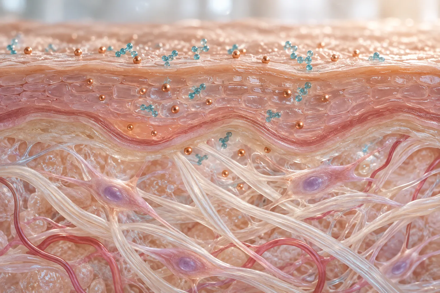 Conceptual view of topical copper peptides within the skin’s supporting matrix