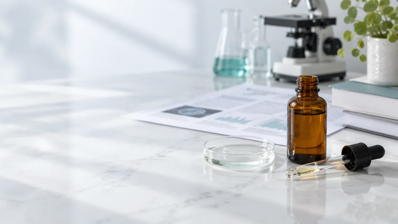 Unbranded skincare serum and research papers representing evidence for PDRN skincare
