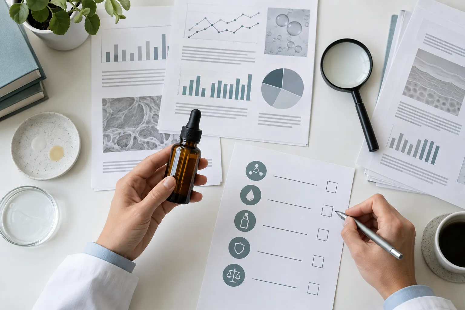 A clinician reviewing an unbranded serum and research papers to assess PDRN skincare evidence