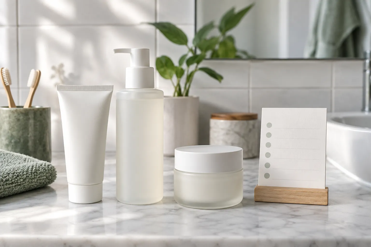Unbranded sunscreen, gentle cleanser and moisturiser representing a consistent skincare routine