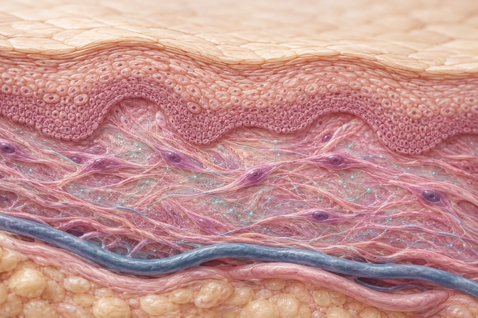 Medical editorial illustration of the epidermis, dermis, fibroblasts, collagen and cellular signalling