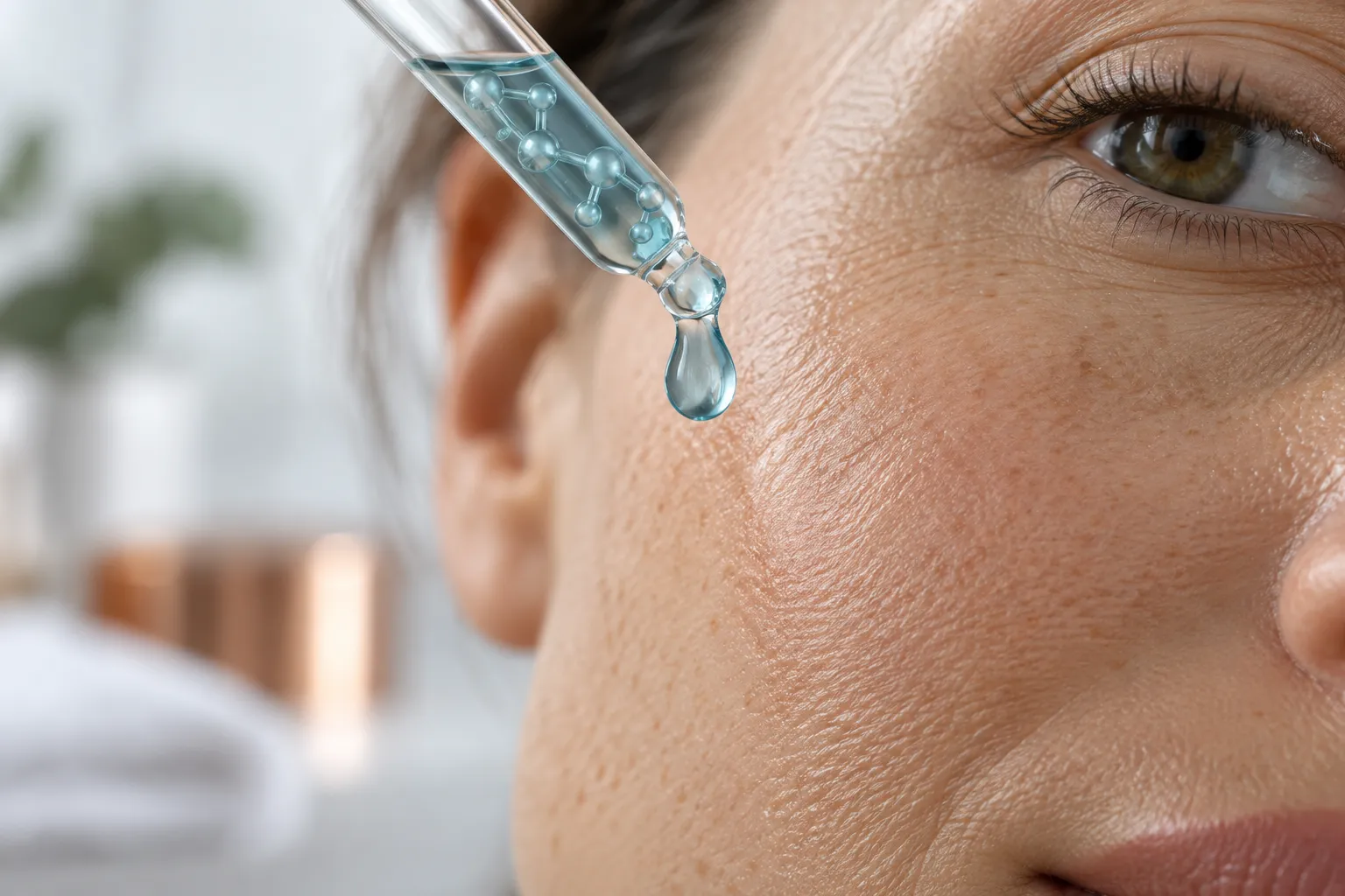 Copper peptide serum being applied topically to natural facial skin