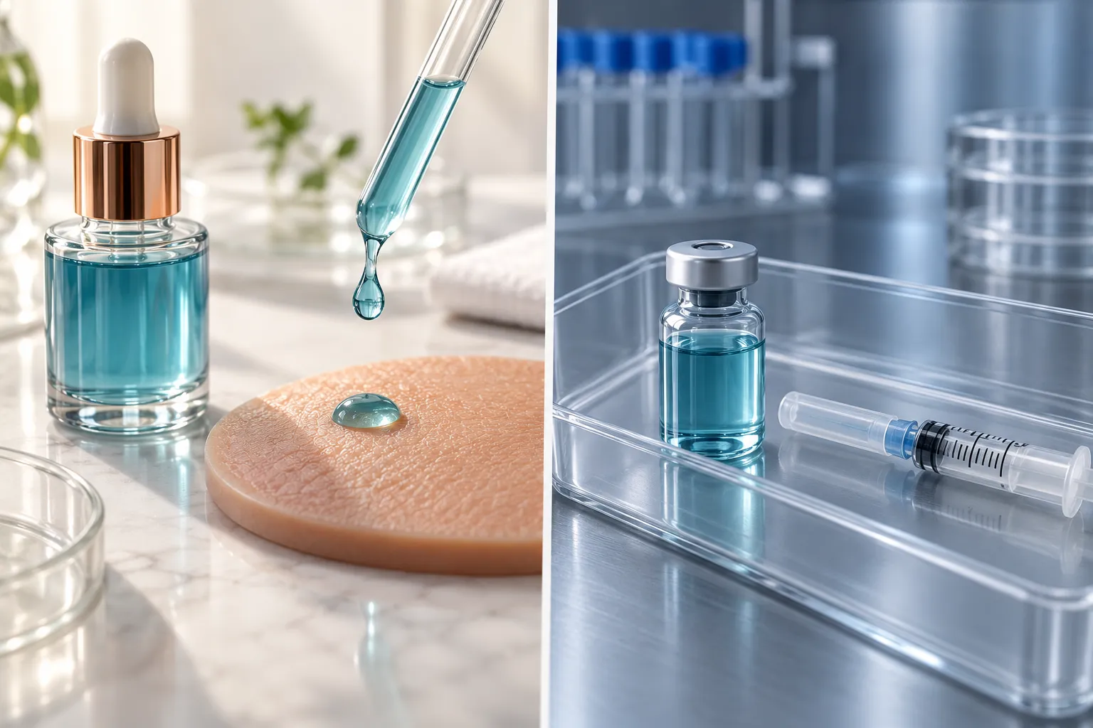 Topical copper peptide skincare shown separately from injectable GHK-Cu